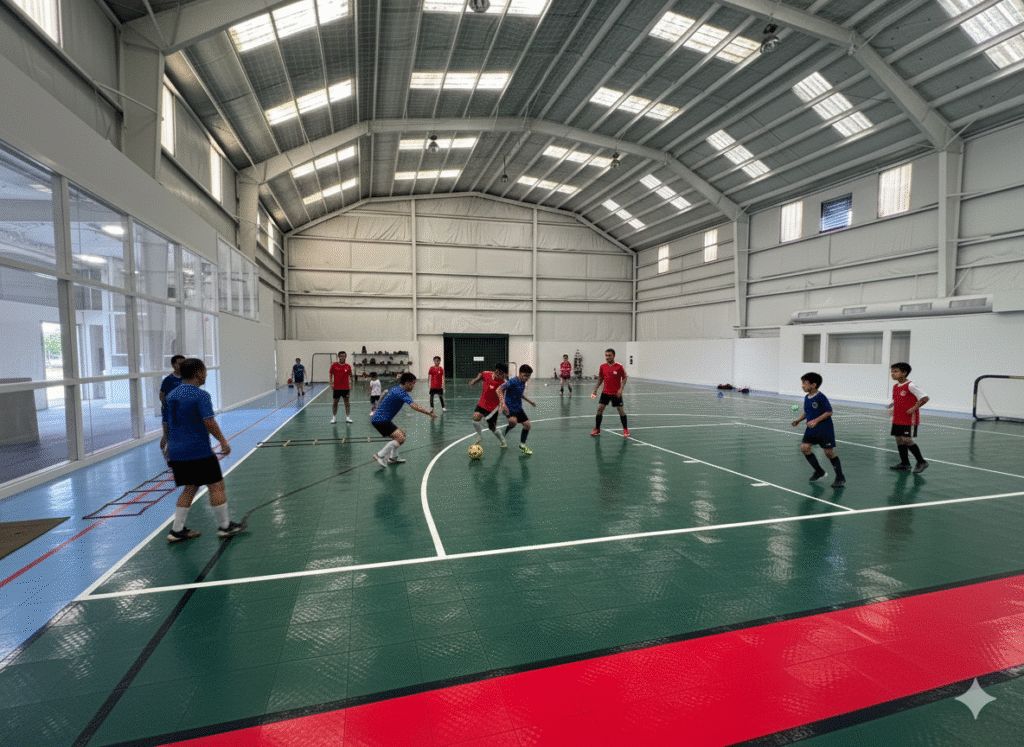 Kids playing futsal on the green court at Royal Arena Sports